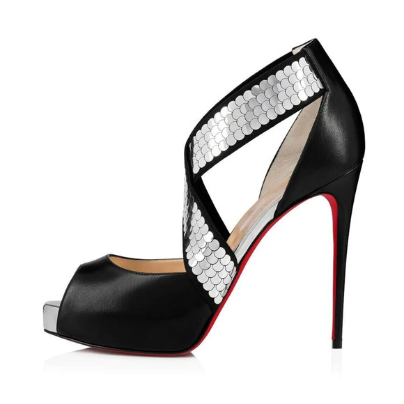 Christian Louboutin Xiletta 120 Black Silver Peep Platform Sandal Heel Pump 35.5 - Picture 3 of 16